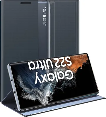 Produktbild von Samsung Galaxy S22 Ultra 5G Hülle, Slim Flip Leder Smart View Window Klappetui Schutzhülle mit Standfunktion für Galaxy S22 Ultra 5G Navy blau
