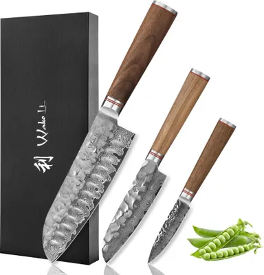 Produktbild von Wakoli Nussbaum Exklusives 3er Messerset – Premium Damast Santoku Messer, Kleines Santokumesser & Officemesser – Hochwertige Kochmesser mit 67 Lagen echtem Damaststahl & Walnussholzgriff – Profi Küchenmesser Set
