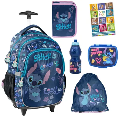 Produktbild von Schulranzen für Jungen und Mädchen, 6er-Set - Trolley-Schulrucksack für Kinder mit Federmäppchen - Schuhbeutel Trinkflasche und Brotdose - Stitch