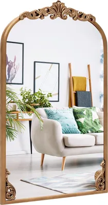 A decorative gold baroque mirror is shown hanging above a sofa in a living room setting. The mirror reflects a room with artwork, plants, and furniture.