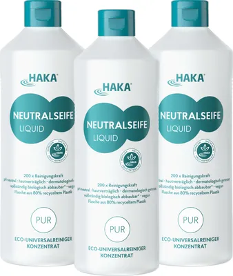 Three bottles of HAKA Neutralseife Liquid Pur are displayed side-by-side against a white background.