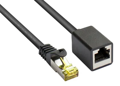 Produktbild von RJ45 Patchkabelverlängerung mit Cat. 7 Rohkabel und Rastnasenschutz, S/FTP, 500MHz, schwarz, 0,5m, Good Connections®