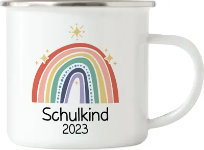 Produktbild von Schulkind 2023 Emaille Tasse Einschulungsgeschenk Grundschule 1. Klasse Schulstart Sterne Regenbogen