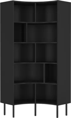 A black corner bookshelf with multiple shelves and black legs.
