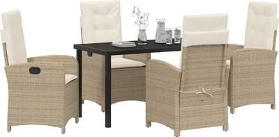 Image de Ensemble de salle à manger de jardin, 5 pièces, 4 chaises avec dossier réglable, 1 table à plateau en verre, polyrotin beige, pour extérieur