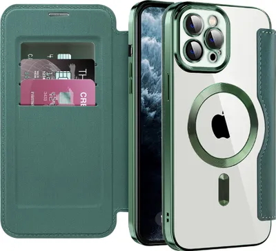 Produktbild von Klapphülle für iPhone 11 Pro Max Kompatibel mit Magsafe, Klar Überzug Kartenhalter Ledertasche mit Kameraschutz Grün