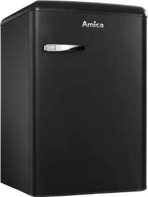 A black Amica refrigerator with a retro design.