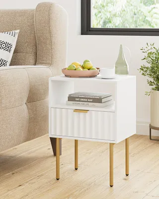 Weißes Nachtkästchen mit goldfarbenem Gestell, Schublade & Ablage