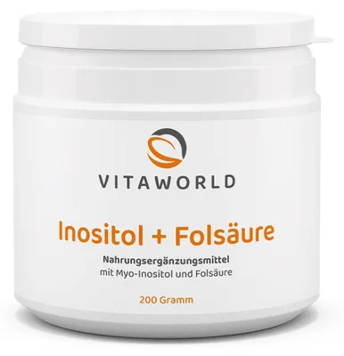 Produktbild von Vitaworld Inositol + Folsäure | 200 g Pulver | 99,9 % Myo-Inositol | 800 µg Folsäure pro Tagesdosis | vegan