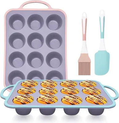 Productafbeelding van Unyqoos® Siliconen muffinvorm set, 4-delig, 12 holtes, antiaanbaklaag met handgrepen – hittebestendig van -40°C tot 232°C, geschikt voor muffins en cupcakes