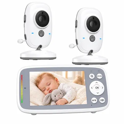 Productafbeelding van Babyfoon met 2 camera's, geen Wi-Fi, 4" 720P monitor, nachtzicht, geluidsdetectie, eenvoudig te gebruiken, 2-weg audio, temperatuurmeting, 3x zoom, slaapliedjes