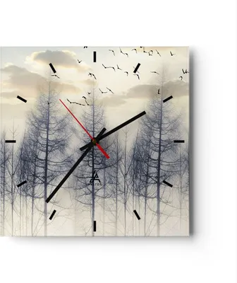 Produktbild von Wanduhr - Quadrat - Glasuhr - Bäume Vögel Himmel - 40x40cm - Schleichendes Uhrwerk - Lautlos - zum Aufhängen bereit - Dekoration Modern - Wanddekoration aus Glas - C3AC40x40-4546