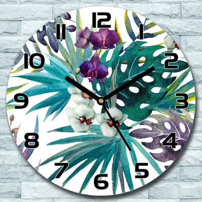 Produktbild von Wanduhr aus Glas Rund fi 30 Orchidee grün lila Quarz Deko Schlafzimmer Büro