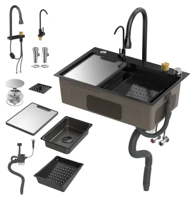 Produktbild von Schwarze Wasserfall-Küchenspüle, Edelstahl-Einzelbecken-Barspüle mit Tassenabtropfschale, Einbau-/Unterbau-Arbeitsplatzspüle im Landhausstil mit vielfältigem Zubehör (26,8 x 17,7 Zoll)