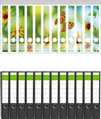 Produktbild von Wallario 12 Stück schmale Ordner inkl. Klebeetiketten mit Motive Blumen mit Schmetterling -  Set mit Rückenschildern / Ordnerrücken Stickern
