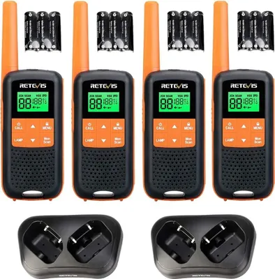 Obrázek produktu pro Retevis RT649 Vysílačka s baterií, bez licence PMR 446, dobíjecí USB, 16 kanálů VOX, LED svítilna, skenování, sada rádia s dlouhým dosahem (oranžová, 4er)