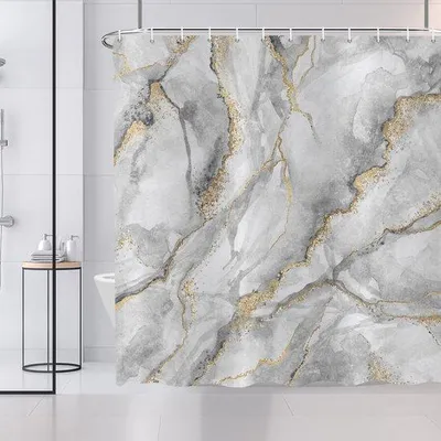 Produktbild von Unyqoos® Marmor-Duschvorhang 180 x 200 cm – abstraktes Design in Grau, Weiß & Gold | Polyester, wasserdicht, inkl. 12 weißen C‑Haken
