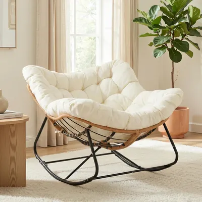 Immagine prodotto di Sedia a dondolo da esterno - Poltrona relax per esterni - Cuscino rimovibile e impermeabile - Struttura in metallo - Con braccioli - 90 x 77 x 70 cm - Beige