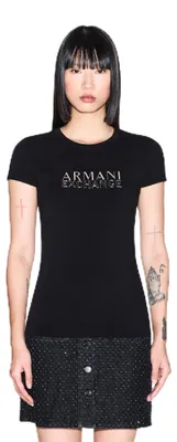 Productafbeelding van Armani Exchange dames T-shirt, model Salin de Giraud, zilverkleurige logo-opdruk, zwart, maat L