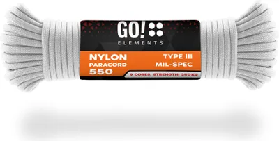 Produktbild von GO!elements 15m Paracord Seil aus reißfester Nylonschnur - 4mm Paracord 550 Typ III Schnur - geeignet als Allzweckseil & Reepschnur - Max. 250kg, Farbe: Weiß