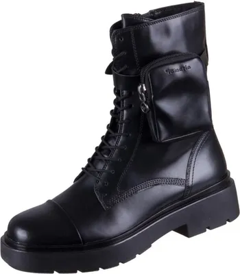 A studio shot of a black leather boot.