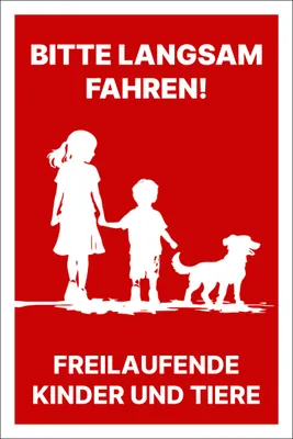 Produktbild von Hinweisschild Warnschild "Bitte langsam fahren – freilaufende Kinder & Tiere" 30x20 cm Alu/Dibond UV-beständig