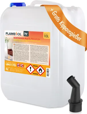 A 10-liter jerrycan of bioethanol with a promotional orange ribbon and a pouring spout.