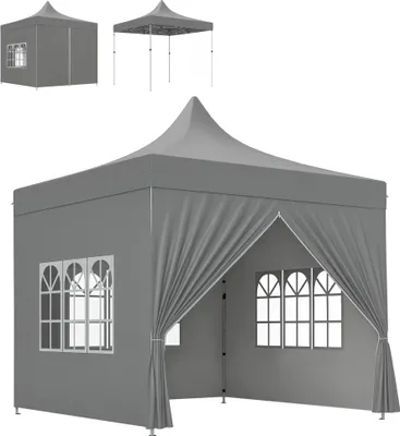Image de Outsunny Tonnelle de jardin tente pliante barnum pop-up 3 x 3 m 4 parois latérales amovibles 3 fenêtres hauteur réglable sac de transport pour camping, festival, plage, jardin, gris