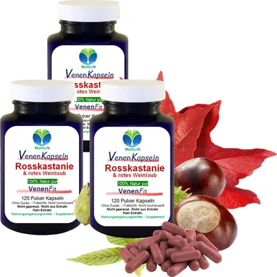 Produktbild von Rosskastanie Venen Fit + Weinlaub 360 (3x120) Kapseln "bei Wasser in den BEINEN" müden, geschwollenen, erschöpften, schweren Beinen [OHNE Zusatzstoffe]