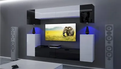 Produktbild von Furnitech Wohnwand Wohnzimmer - Hängend Wohnwand Modern - Regale und TV Schrank - Wohnzimmer Möbel ohne LED (Rodos AN43/17WB/HG23 1B)