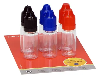 Produktbild von 6 Plastikflaschen 10 ml aus PET, transparent, G14, Tropfverschluss, je 2x schwarz, blau, rot