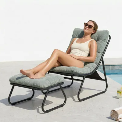 Image de Fauteuil relax LVHOM avec repose-pieds, fauteuil lounge en velours côtelé pour salon et véranda, fauteuil de lecture moderne avec structure métallique, sans accoudoirs, vert clair