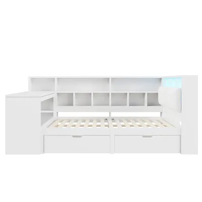 Produktbild von Merax Schlafsofa Tagesbett 140x200 cm mit Steckdosen, LED, 2 Schubladen, Schreibtisch, Bücherregal, Gepolstertes Kopfteil, Kinderbett, Holzbett, Weiß