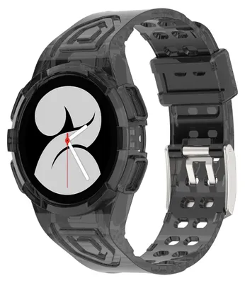 A close-up studio shot of a black smartwatch with a transparent protective case and a black strap.