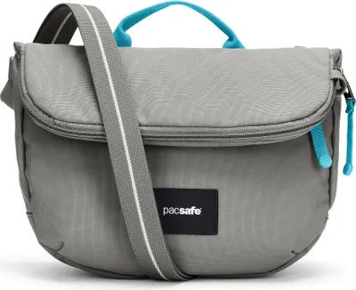 A gray Pacsafe bodybag with blue accents and a strap, shown against a white background.