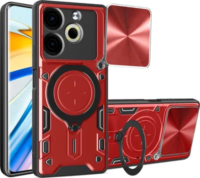 Produktbild von Handyhülle für Tecno Pova 6 Neo 4G Dual-Layer Stoßfest Rüstung Hülle mit Dia Kameraschutz und Kreisförmig Ring Ständer Rot