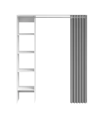 A white shelving unit with a gray curtain hanging from a rod.