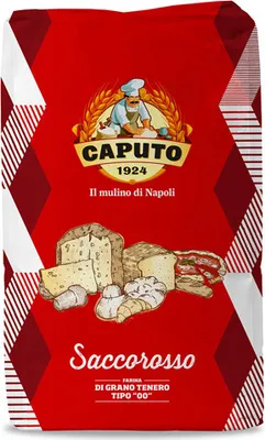 A bag of flour with illustrations of bread and baked goods.