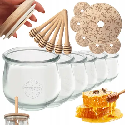 Produktbild von WECK Honiggläser Set mit Holzdeckel und Honigheber 370ml 6 Stück