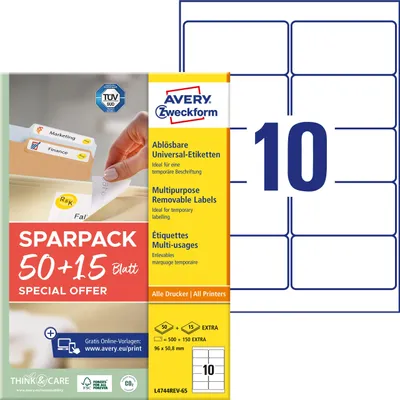 Image de AVERY Zweckform L4744REV-65 650 AVERY Zweckform Etiketten weiß 96,0 x 50,8 mm