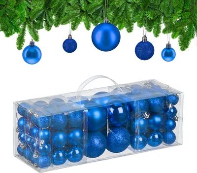 Produktbild von Relaxdays Weihnachtskugeln im 76er Set, Kunststoff, glitzernde, matte, glänzende Baumkugeln, Christbaumschmuck, blau