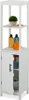 Produktbild von Relaxdays Badezimmerschrank, HxBxT: 129 x 30 x 30 cm, 4 Fächer, MDF, schmaler Badschrank, Badezimmer Midischrank, weiß