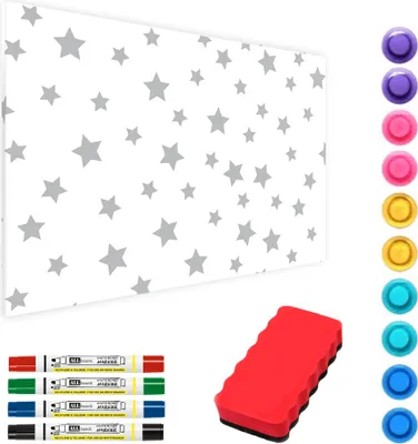 Produktbild von ALLboards Metallische Magnettafel GRAUE STERNE 60x40cm MetalBoards Memoboard für jede Art von Magneten Magnetpinnwand + 4 Marker, 10 Magnete und Schwamm