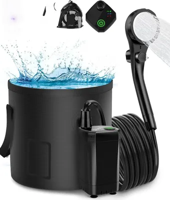 Produktbild von Tragbare Campingdusche Akku mit Pumpe und Eimer, Camping Dusche für den Außenbereich, Mobile Duschen mit Schlauch, Schwarz