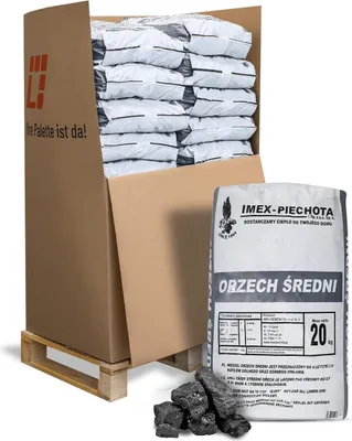 A pallet of coal sacks with a single sack and loose coal in the foreground.