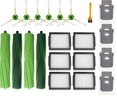 A collection of iRobot Roomba replacement parts, including brushes, filters, and dust bags, laid out on a white background.