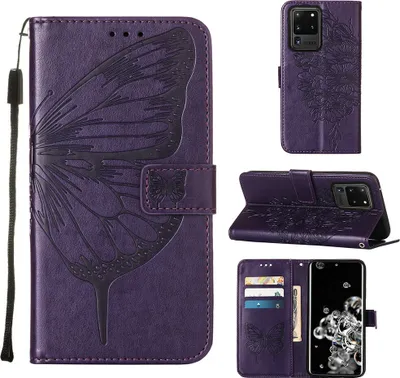 Produktbild von Galaxy S20 Ultra Hülle, Schmetterling Prägung Flip Leder Kartenfächer Schutzhülle Ledertasche mit Ständer für Samsung Galaxy S20 Ultra Lila
