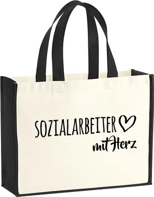 Produktbild von Huuraa Jutetasche Sozialarbeiter mit Herz 21 Liter Black Jute und Baumwolle Einkaufstasche Geschenkidee