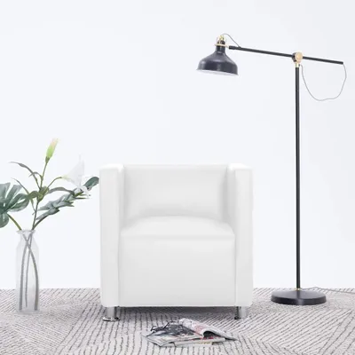 Produktbild von Weißer Würfel-Sessel aus Kunstleder mit Metallbeinen, 71 x 54 x 69 cm, ergonomisch und komfortabel für Wohnzimmer, Büro und Leseecke