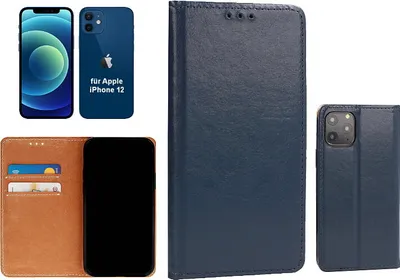 A collage of an iPhone 12 and its dark blue leather book-style case.
